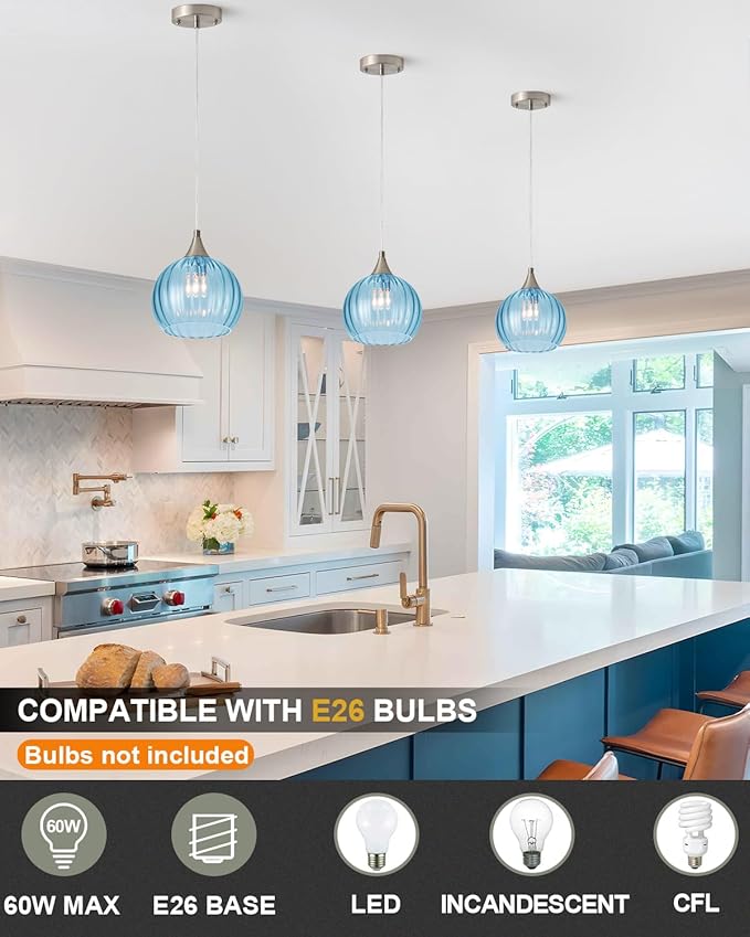 Brushed Nickel Pendant Lights Kitchen Island, Globe Pendant Light Fixtures with 8 Inch Clear Glass Shade, Modern Hanging Light Fixtures for Kitchen, Bedroom (1 Pack - Blue Glass Pendant Light)