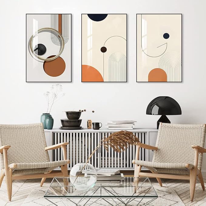 Framed Bright style Wall Art, Boho Wall Art Set of 3, Mid Century Modern Decor 16" x 24", Minimalist Black Beige Neutral Abstract Geometric Wall Decor Canvas Prints for Bedroom Living Room Bathroom