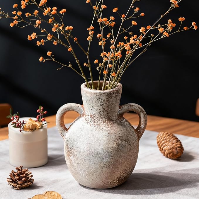 Rustic Ceramic Farmhouse Flower Vase with 2 Handles, Whitewashed Terra Cotta Vase, Decorative Pottery Flower for Home Decor, Table, Living Room, Shelf Decor, 7.3 Inch, Terra
