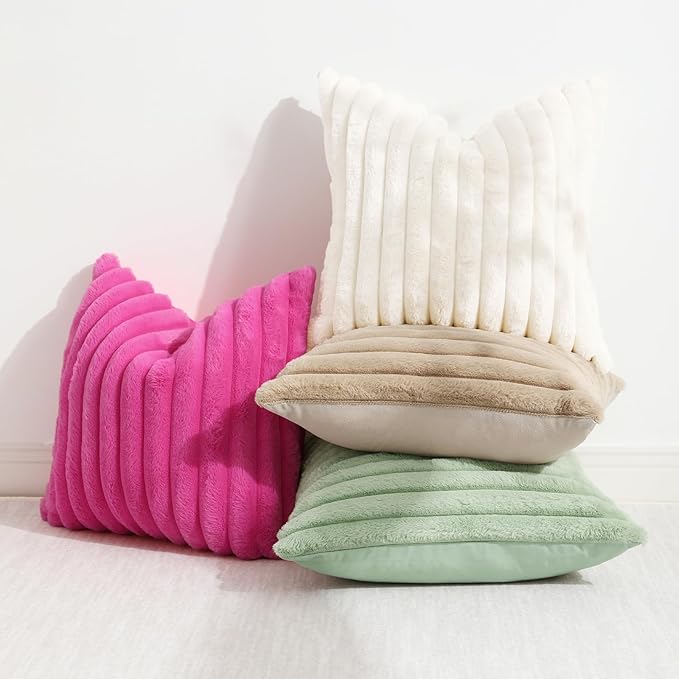 decorUhome Faux Fur Throw Pillow Covers 16x16 Set of 2, Decorative Soft Plush Striped Neutral Couch Euro Pillow Covers with Velvet Back for Sofa, Bed, Living Room Home Decor, Hot Pink