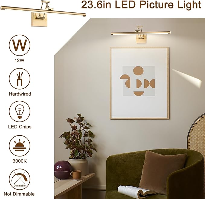 Brass Picture Light for Painting LED Gold Art Light Hard-Wired Picture Frame Lights 24 Inch Gallery Wall Light Modern Painting Lamps with Adjustable Swing Arm Display Lamp for Wall Artwork Warm White