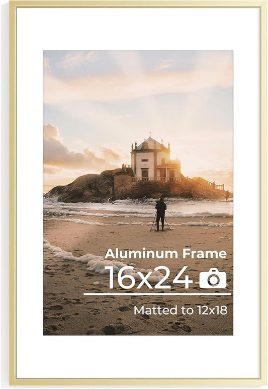 16x24 Metal Picture Frame, 16x24 Thin Aluminum Photo Frames with 12x18 Removable Mat, High End Metal Poster Frame, Ideal for Wall or Tabletop Display, Golden, Set of 1
