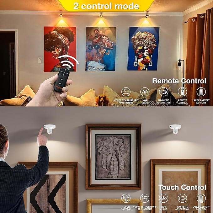 Picture Lights for Wall Wireless with Magnetic,2000mAh Rechargeable Picture Frame lights with Dimmable, Puck Lights with Remote Control,Art Lighting for Paintings,Counter, Shelf,Bookcase(4 Pack,White)