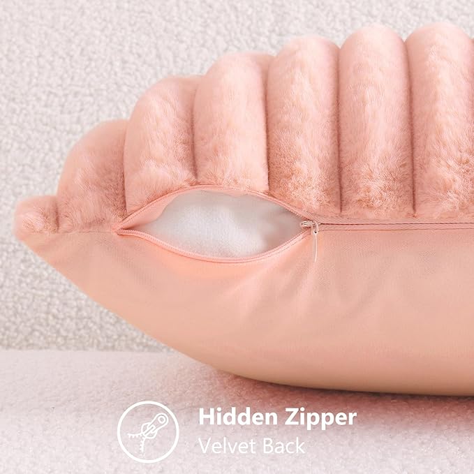 decorUhome Faux Fur Throw Pillow Covers 18x18 Set of 2, Decorative Soft Plush Striped Neutral Couch Euro Pillow Covers with Velvet Back for Sofa, Bed, Living Room Home Decor, Blush Pink