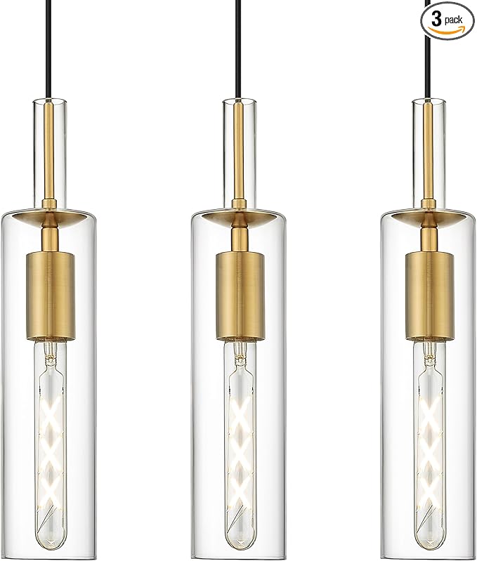 AUTELO 3-Pack Pendant Lights Kitchen Island, Brushed Gold Pendant Light Fixtures, Vintage Pendant Lights with Clear Cylinder Glass, Hanging Light for Kitchen Island, Dining Room, H3875 BG-3PK