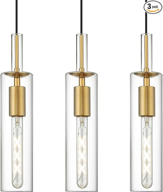 AUTELO 3-Pack Pendant Lights Kitchen Island, Brushed Gold Pendant Light Fixtures, Vintage Pendant Lights with Clear Cylinder Glass, Hanging Light for Kitchen Island, Dining Room, H3875 BG-3PK