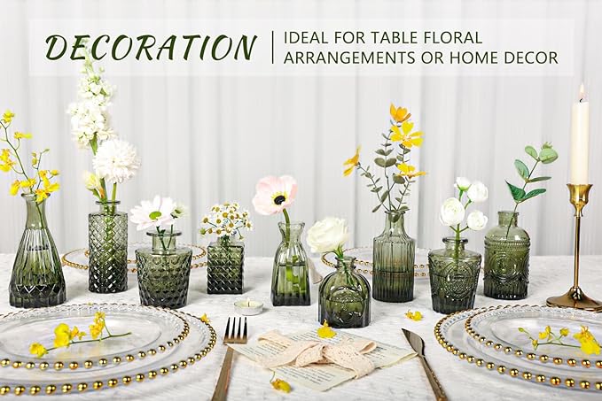 12pcs Glass Bud Vase Set, Small Green Flower Vases for Centerpieces in Bulk, Mini Vintage Vase for Wedding, Home,Table Decoration