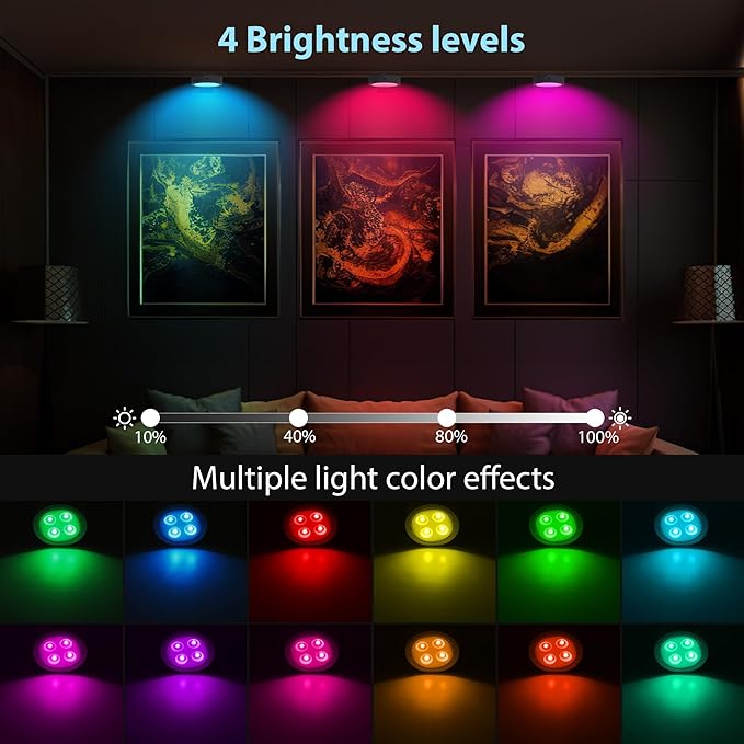3Pcs Picture Lights for Wall, 13 RGB Color Magnetic Led Art Display Light for Picture Frame, Wireless Battery Operated Painting Light with Remote Control, Party Home Wall Decor Puck Lights, Black-RGB