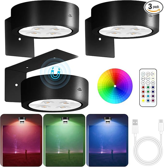 3Pack Picture Lights for Wall, RGB Color Changing Led Art Display Light with Rechargeable Battery Operated, Magnetic Painting Light with Remote Control, Wireless Home Wall Decorative Lighting, Black