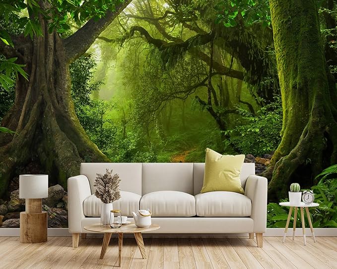 -Green Forest Landscapes Woodland Tree Fabric Wallpaper Living Room Bedroom Bathroom Flowing Jungle Wall Mural- 160"x108"（ not Peel and Stick）