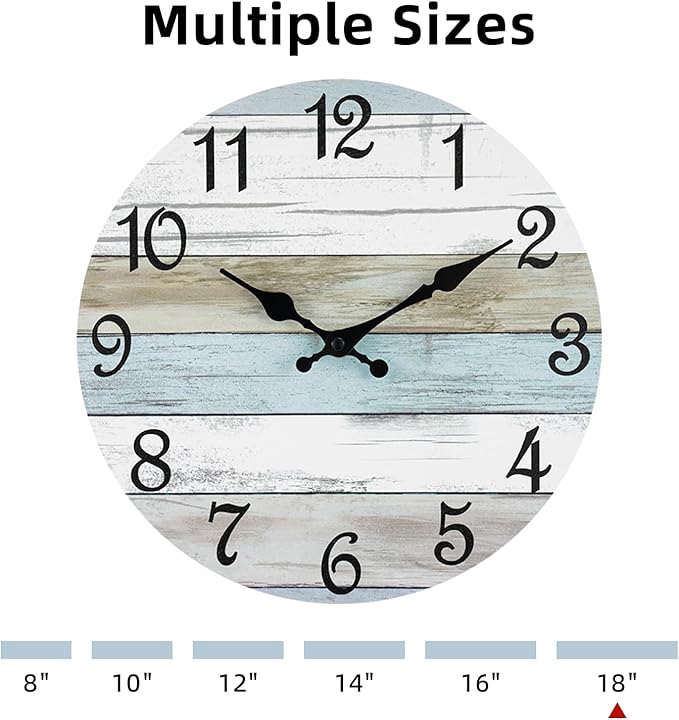 CHYLIN Wall Clock - 18 Inch Silent Non Ticking Wall Clocks Battery Operated, Wooden Rustic Farmhouse Larger Clock Decorative for Living Room, Kitchen (Blue)