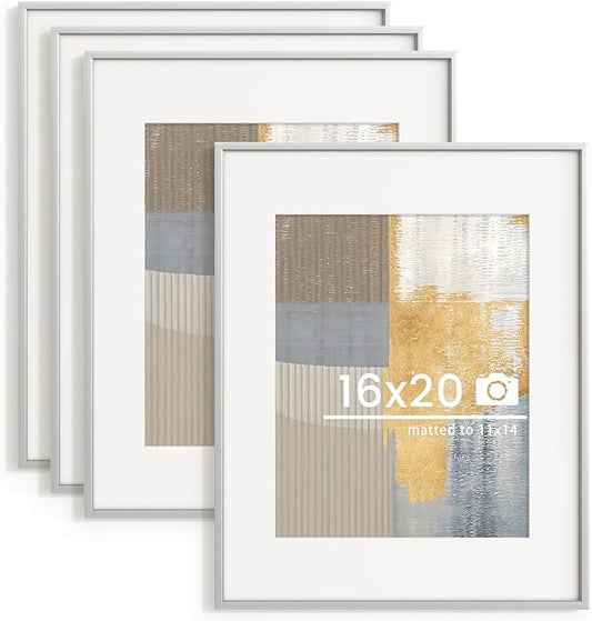 16x20 inch Metal Picture Frame - 16 x 20 Thin Aluminum Photo Frames with 11x14 Removable Mat - High Definition Plexiglass - Vertical and Horizontal Display - Wall Hook Hanging Hardware Included - Silver, Set of 4