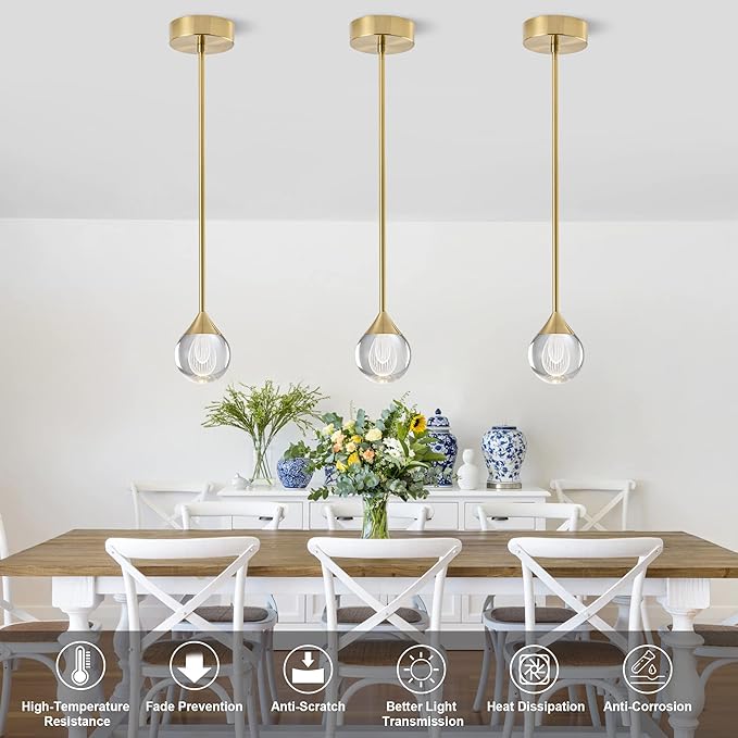 1-Light Teardrop Crystal Pendant Light, Dimmable Mini LED Crystal Hanging Light Fixtures, Gold Brushed Brass Finish Modern Ceiling Pendant Lighting for Kitchen Island Dining Room Bedroom Bar