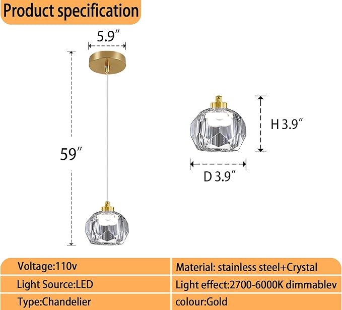 1-Light Gold Pendant Light Fixtures,Crystal Ball Chandelier for Entyway Bedroom Dimmable Pendant Light Kitchen Island 5W
