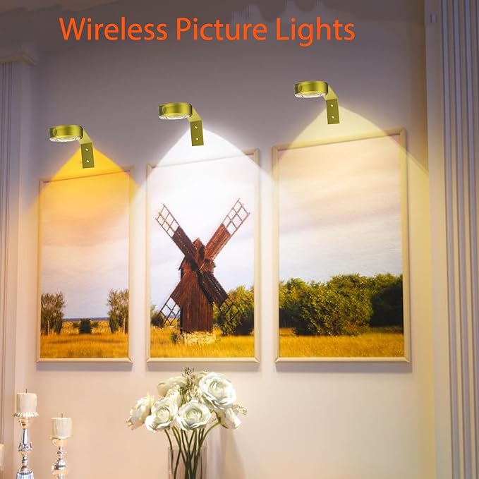 3Pcs Picture Painting Light Battery Operated with Remote Control, 16 RGB Color Magnetic Led Art Spotlight for Picture Frame Display Party Home Wall Decor Puck Light,Gold