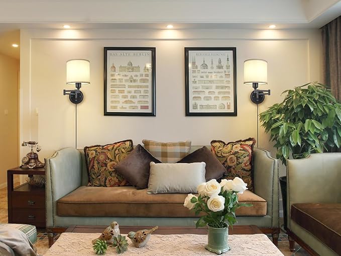 Plug in Wall Sconces with Remote Control, Dimming 10%-100% & Adjustable Colors 2700K-6500K, Hardwire or Plug-in, Swing Arm Wall Lamp with White Fabric Shade, Wall Sconces Set of Two, Black Finish