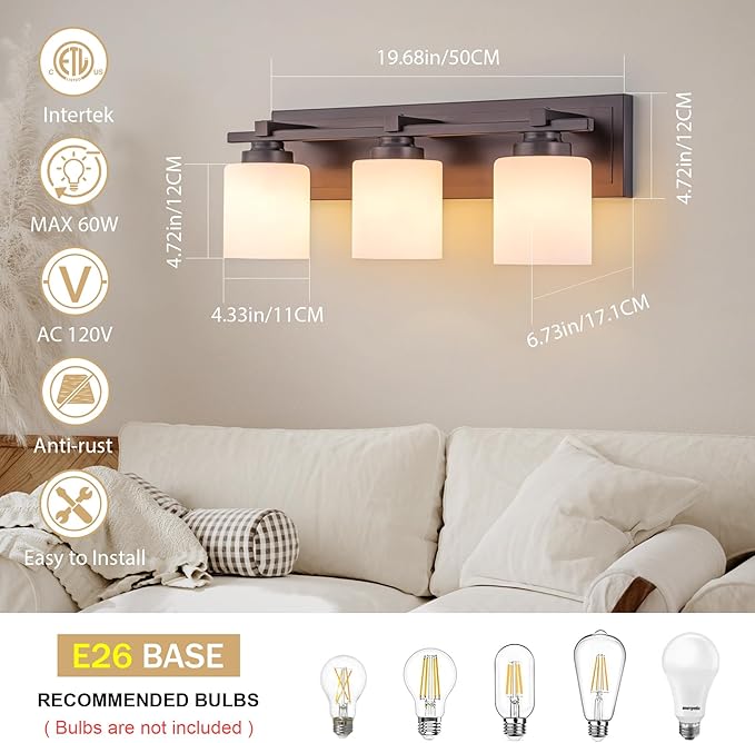 3 Light Modern Bathroom Light Fixtures Over Mirror, Bronze Finish Vanity Lights for Bathroom Wall Sconces with Milky White Glass Shades, E26 Socket (Bulbs Not Included)