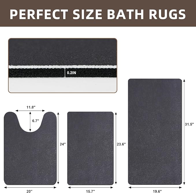 Diatomaceous earth bath mat Bathroom Rugs Sets 3 Piece Super Absorbent Quick Dry Bath Mats, Rubber Non Slip Shower Mat and Toilet Mat U Shape, Shower Rug for in Front of Bathtub Shower, Dark Grey