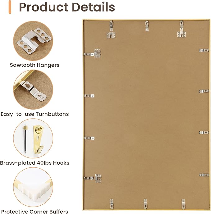 24x36 Metal Picture Frames, Aluminum Poster Frame with Removable Mat for 20x30 Photo, 24x36 Thin Hanging Frames, Sawtooth Picture Hangers Included for Home Wall Decor, Golden, Set of 2