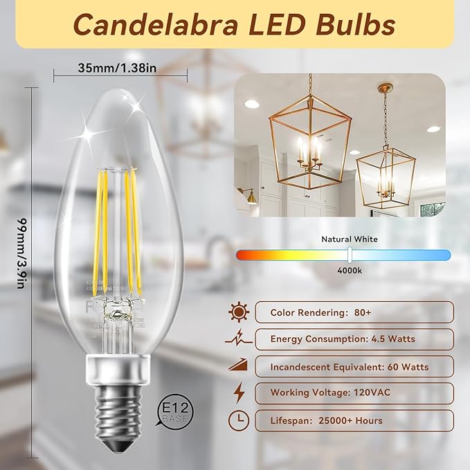 TJOY LED Candelabra Bulbs Dimmable, 60W Equivalent Chandelier Light Bulb, E12 Small Base, 4.5W 4000K Natural Daylight White, B11 Vintage Filament Glass Candle Light for Ceiling Fan Chandeliers, 12Pack