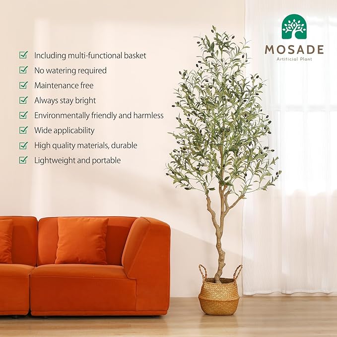 MOSADE Artificial Olive Tree 7 Feet Fake Olive Silk Plant and Handmade Seagrass Basket, Perfect Tall Faux Topiary Silk Tree for Indoor Entryway Modern Decor Home Office Porch Balcony Gift,1Pack