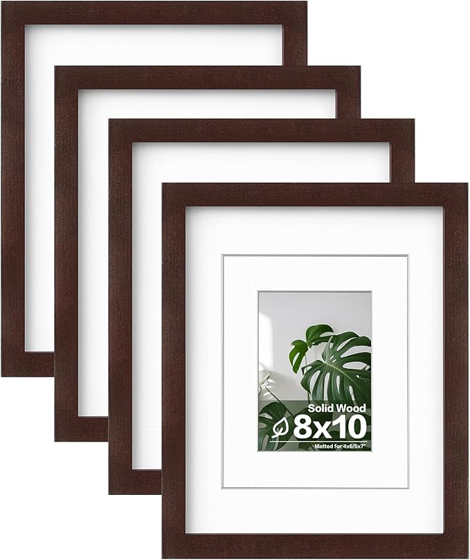 Egofine 8x10 Picture Frames Made of Solid Wood with Plexiglass, Display Pictures 4x6/5x7 with Mat or 8x10 Without Mat Set of 4 for Tabletop and Wall Mounting, Walnut Color