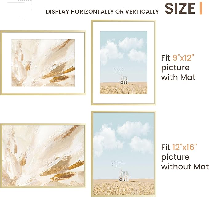 12x16 Metal Picture Frame, 12x16 Golden Frame with Removable Mat for 9x12 Photo, High End Metal Poster Frame for Wall or Tabletop Display,Set of 1