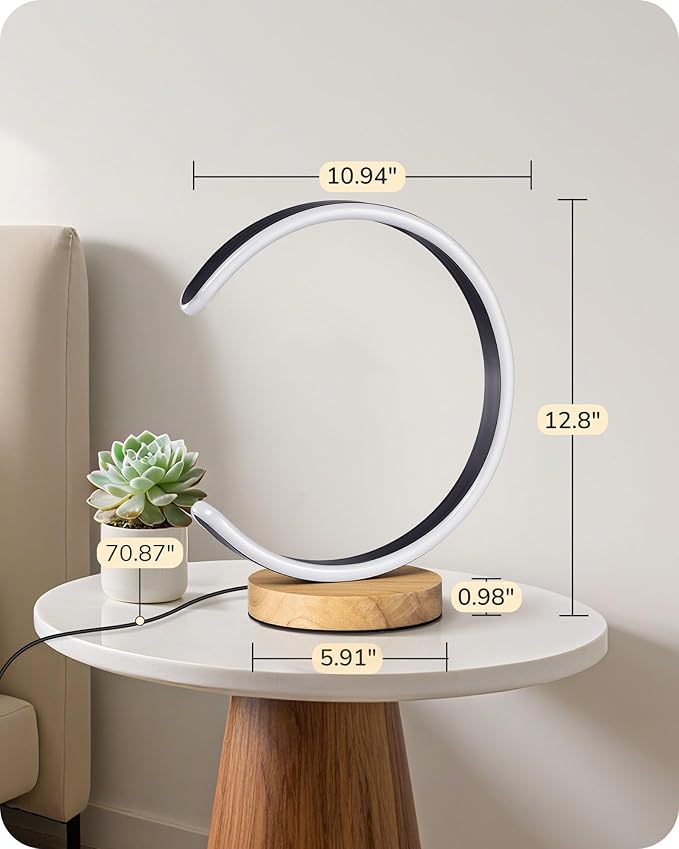 EDISHINE Modern LED Table Lamp, C-Shaped Bedside Lamp with 3 Color Temperature & Dimming, Upgraded Switch, Silicone Lampshade & Solid Wood Base, Nightstand Lamp for Living Room, Bedroom, Black