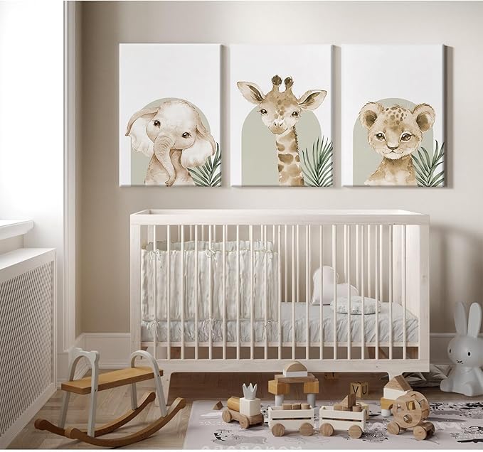 Animal Wall Art Pictures Baby Nursery Canvas Wall Art Decor Safari Animal Prints Jungle Kids Wall Art Woodland Nursery Wall Decor Giraffe Jungle Poster for Room 12x16 Inch Framed Set of 3