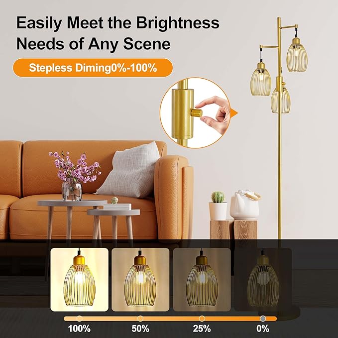 Industrial Floor Lamp 68'' - 3-Light Gold Dimmable Rustic Floor Lamp with Sturdy Pole & Heavy Base, 800 Lumens LED Bulbs Lamp for Living Room, Bedroom, Office Decor