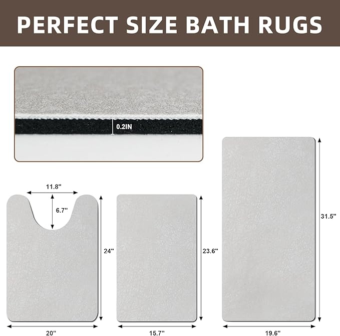 Diatomaceous earth bath mat Bathroom Rugs Sets 3 Piece Super Absorbent Quick Dry Bath Mats, Rubber Non Slip Shower Mat and Toilet Mat U Shape, Shower Rug for in Front of Bathtub Shower, Grey