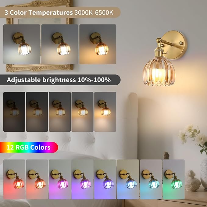 Battery Operated Wall Sconce Set of 2 with Amber Floral Glass Shade Vintage Wireless Wall Light with Remote Control for, Living Room, Bedroom, Dressing Table and Bathroom Timer/Memory Function/Dimmer