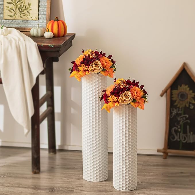 Sziqiqi White Tall Vases for Floor: 27.6/21.7in Metal Cylinder Handmade Flower Holder Extra Large Decorative Vase Set of 2 Modern Honeycomb Texture Big Standing Vase for Living Room Home Corner