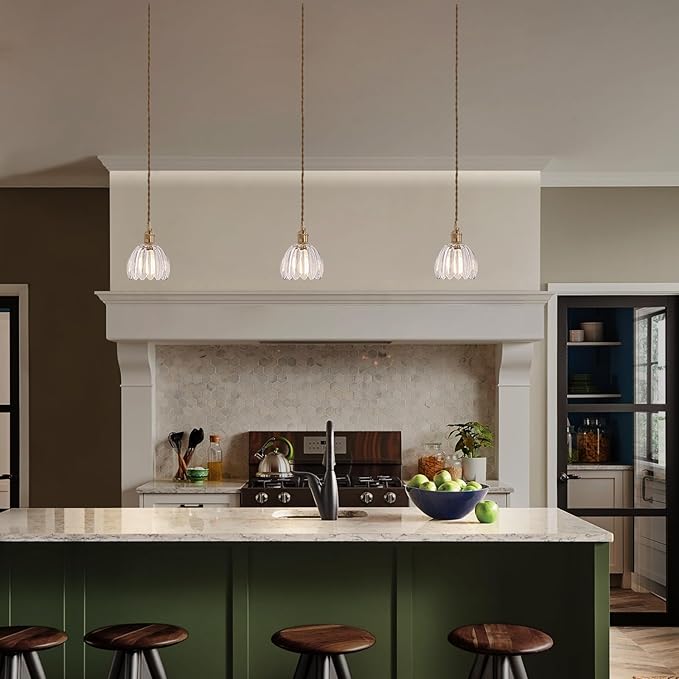 Mini Pendant Light with Clear Tulip Glass Lmapshade, Brass Vintage Pendant Light Adjustable Hanging Light for Kitchen Island Dining Room Hallway