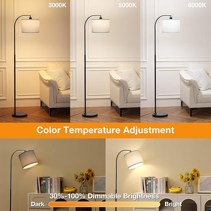 Arc Floor Lamp with Remote and Stepless Dimmable Bulb, Colors Temperature & Brightness Adjustable, Floor Lamps for Living Room（Grey Shade & Black Pole）