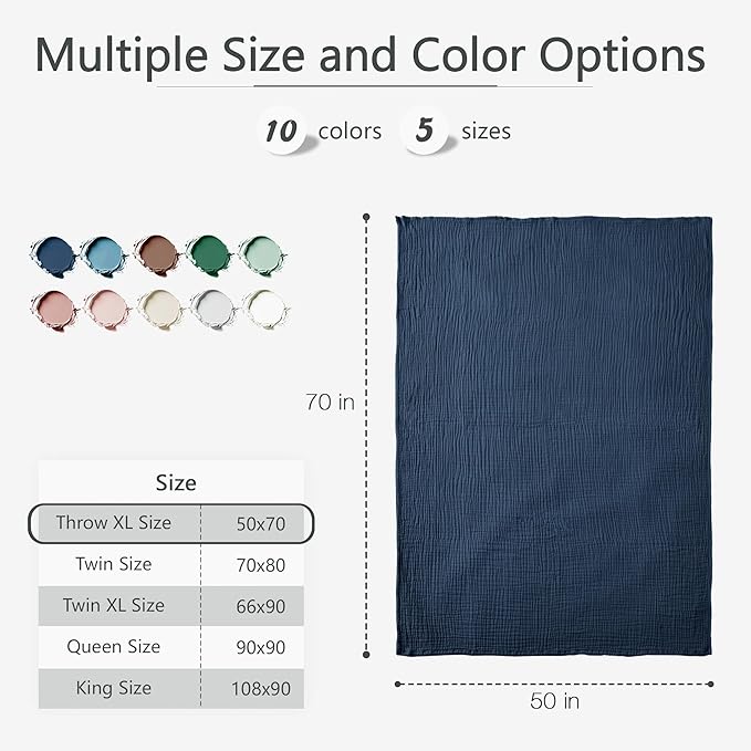 Carriediosa 100% Cotton Muslin Throw Blanket 50" X 70" Throw XL Size，4-Layers Summer Gauze Throws for Bed Couch，Soft Lightweight Breathable Linen Blankets Bedspread for Adults All Season，Navy Blue