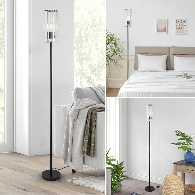 HMVPL Black Floor Lamp for Living Room, Elegant Floor Lamp for Bedroom with K9 Crystal Shade, Modern Standing Lamp for Corner with On/Off Switch, Pole Tall Lamp for Nursery Office Home Decor