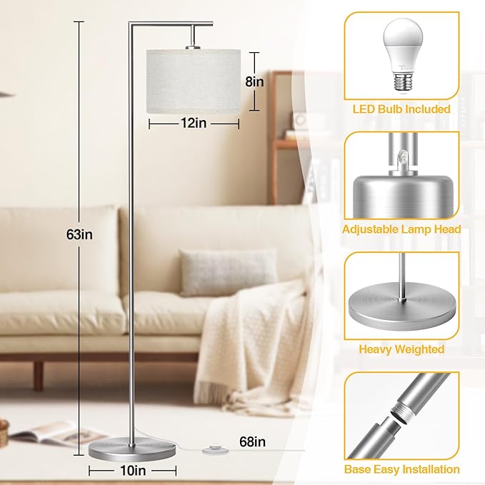 Floor Lamp for Living Room with 3 Color Temperatures Standing Lamp with Adjustable Beige Linen Lampshade Tall Lamps for Bedroom Office Classroom Dorm Room, 9W LED Bulb Included, Silver