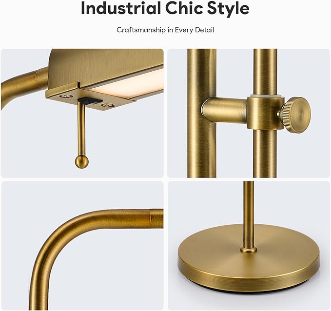 VONLUCE LED Floor Lamp, 62.5" Industrial Floor Lamp for Living Room with Adjustable Height Swing Arm Head 3 Color Temperatures, Metal Standing Pole Lamp for Bedroom Reading, Antique Brass