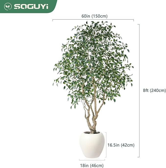Ficus Tree Artificial Indoor, 8 Feet Tall Faux Ficus Tree with Round Artisan Planter, Premium Handmade, Realistic Trunk & Lifelike Leaves, Perfect for Large Spaces & Elegant Home/Office Decor