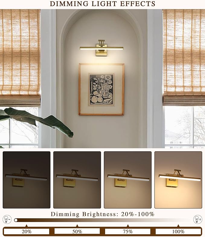 Joossnwell LED Picture Lights for Paintings Dimmable 15.5 Inch Long Hard-Wired Picture Frame Lights Brass Gallery Wall Light with Adjustable Swing Arm Art Display Lamps 7W 3000K Warm White