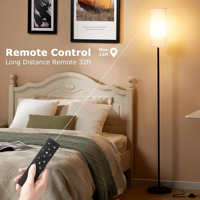 Ambimall 66'' Floor Lamps for Living Room with Remote Control and Stepless Dimmable Colors Temperature & Brightness, 9W Bulb Included(Beige Lampshade & Black Pole)