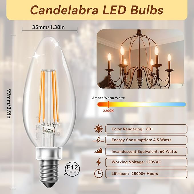 TJOY LED Candelabra Bulbs Dimmable, 60W Equivalent Chandelier Light Bulb, E12 Small Base, 4.5W 2200K Amber Warm White, B11 Vintage Filament Clear Glass Candle Light for Ceiling Fan Chandeliers, 12Pack