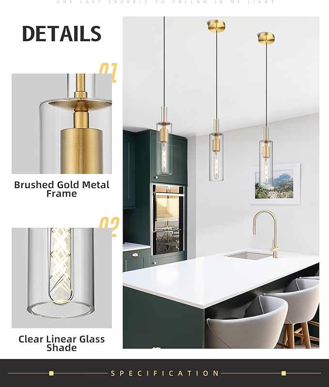 AUTELO 3-Pack Pendant Lights Kitchen Island, Brushed Gold Pendant Light Fixtures, Vintage Pendant Lights with Clear Cylinder Glass, Hanging Light for Kitchen Island, Dining Room, H3875 BG-3PK