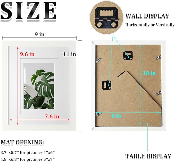 Egofine 8x10 Picture Frames 4PCS, Made of Solid Wood Display 4x6 and 5x7 with Mat Covered by Plexiglass, for Table Top Display and Wall Mounting Photo frame, White with Texture