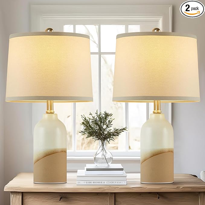 Luvkczc Ceramic Table Lamps Set of 2, 3-Color Temperature Adjustable Bedside Lamps with Line Lampshade, Nightstand Lamps for Bedroom, Living Room, Entryway Home Decor, Modern Table Lamps