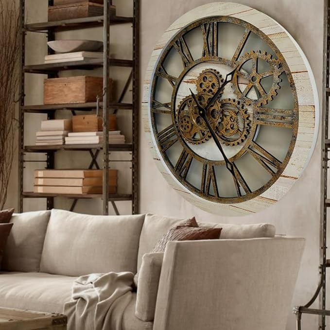 ImprovingLife The Gears Clock The Original Real Moving Gear Wall Clock Vintage Industrial Oversized Rustic Farmhouse (24 inch (60cm), Vintage Desert Beige and Bronze)