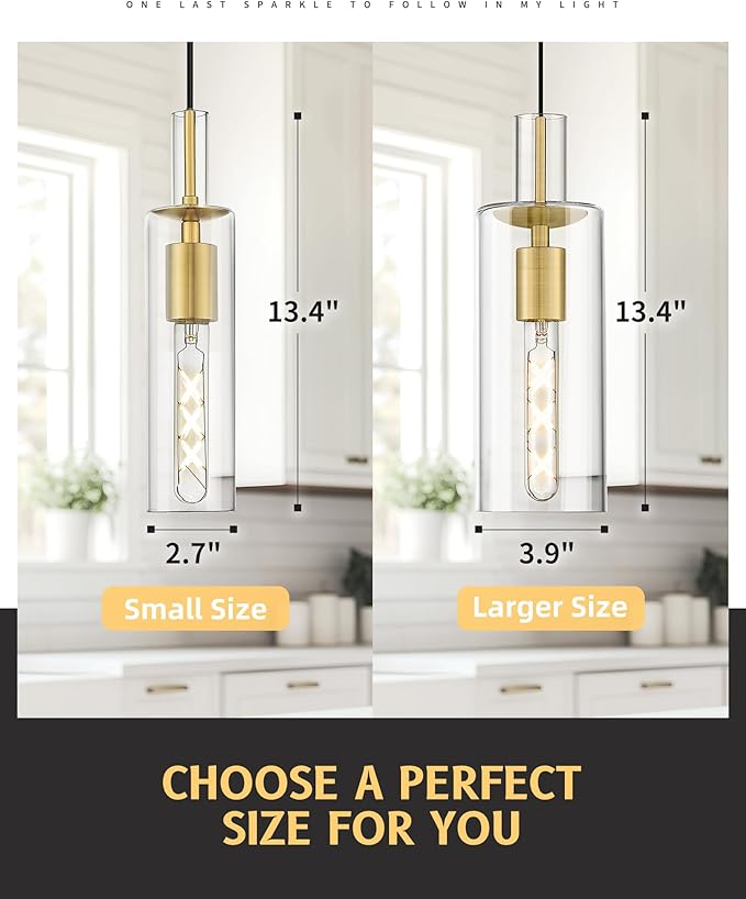 AUTELO Gold Pendant Lights - Glass Pendant Light Fixtures, Vintage Hanging Lamp in Brushed Gold Metal Finish with Clear Linear Glass, Kitchen Pendant Lighting Over Island for Dining Room, H3875 BG-M