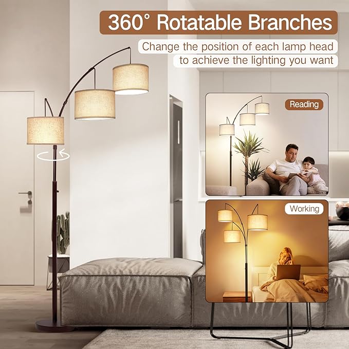 OUTON Tall Arc Floor Lamp - Adjustable, Modern, 3-Light Arched Lamp for Bedroom, Office, and Living Room, 2400lm Mid Century Design with 3 Energy-Efficient LED Bulbs Included, Beige Lampshade