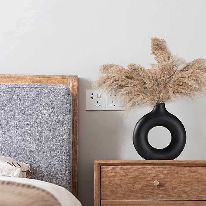 Black Ceramic Vase for Modern Home Decor, Round Matte Pampas Flower Vases Minimalist Nordic Boho Ins Style for Wedding Dinner Table Party Living Room Office Bedroom, Decorative Gift